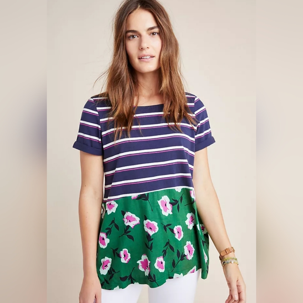 Anthropologie Sonja Stripes Floral Mixed Media Short Sleeve Tee Blouse Size 3X